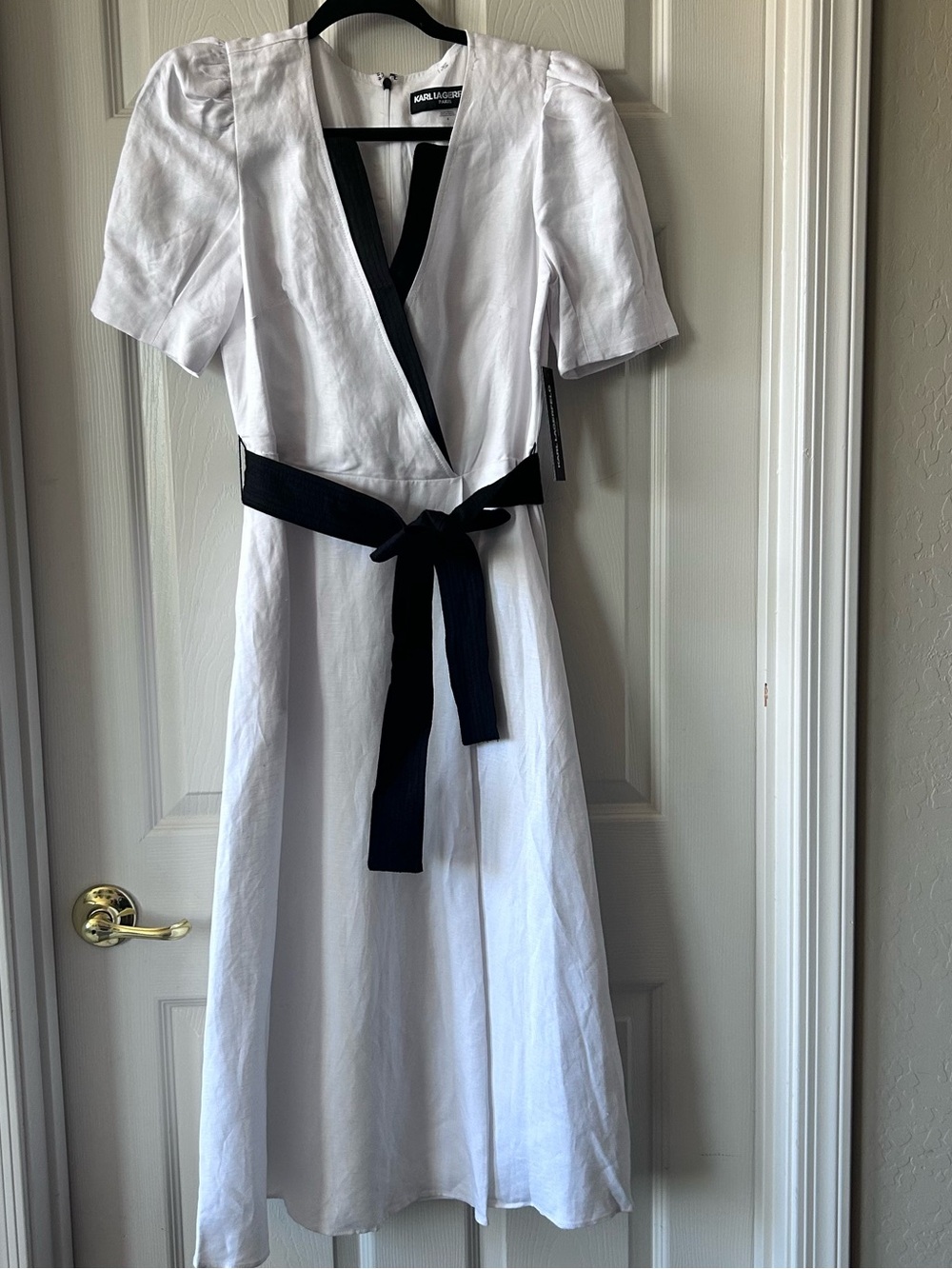 Karl Lagerfeld White Midi Wrap Linen Blend Dress with Black Waist Tie NWT